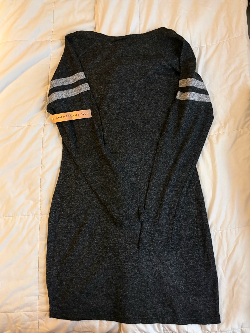 Charcoal V-Neck Long Sleeve Sweater Dress with Striped Sleeves - Picture 4 of 5